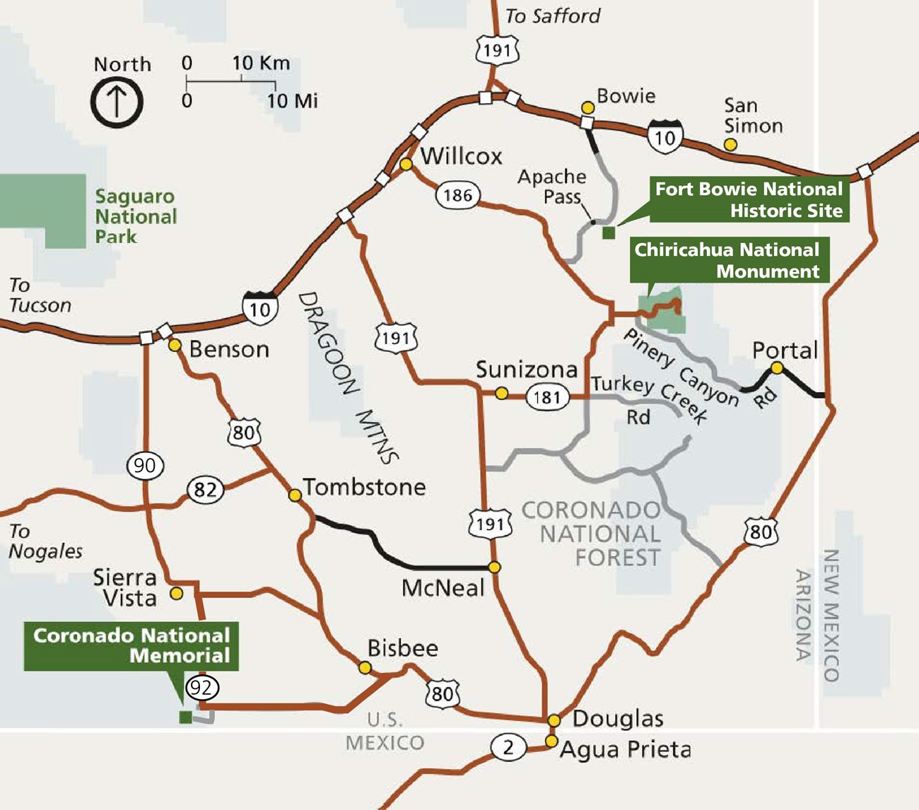 A map of the southeast arizona national parks