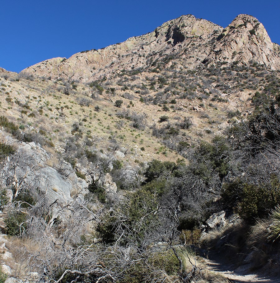 Rocky peak above grasslands and foothills