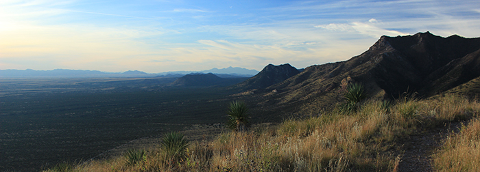 mountain ridges at dusk, looking west