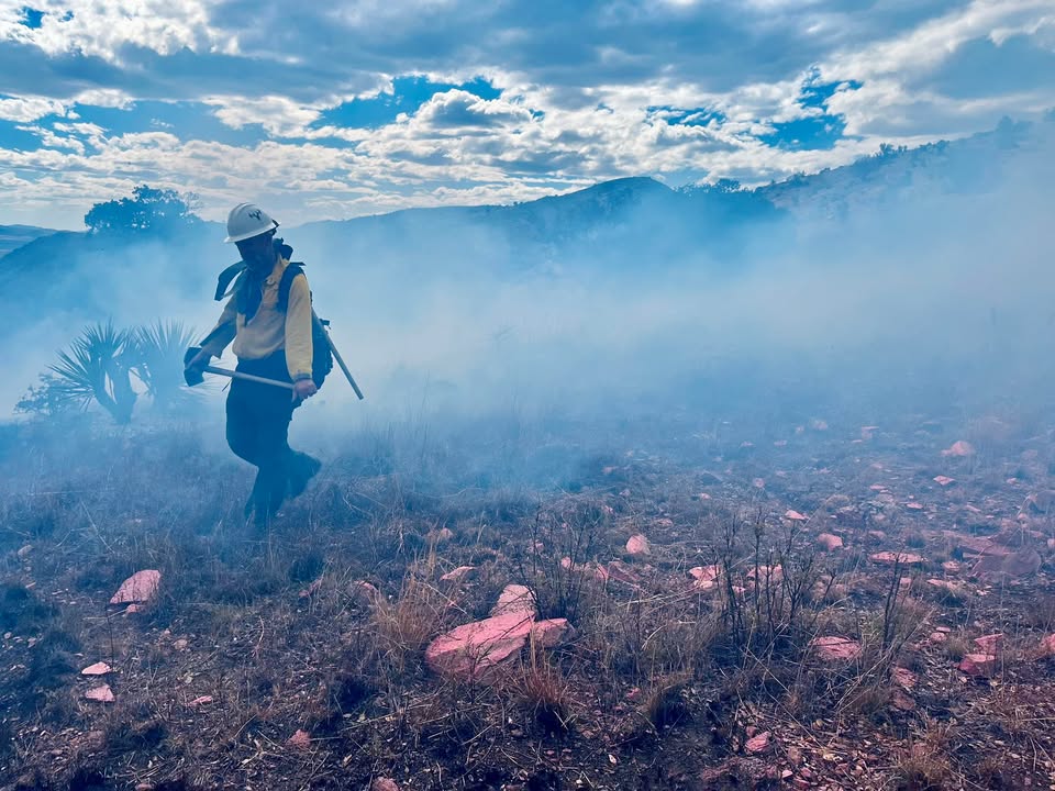 Firefighter walking through the smoke at Coronado National Memorial.