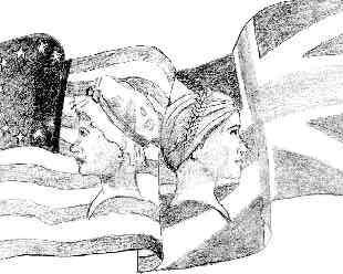 drawing of American and British flags with a family member on each side drawing of American and British flags with a family member on each side