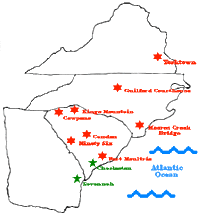 simple map showing some Revolutionary War battle sites in Virginia, NC, SC, and GA