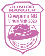 Purple line drawing of Junior Ranger passport stamp with the words, Junior Ranger Cowpens NB Virtual Visit 2020