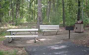 Picnic table and bench with grill and trashcan