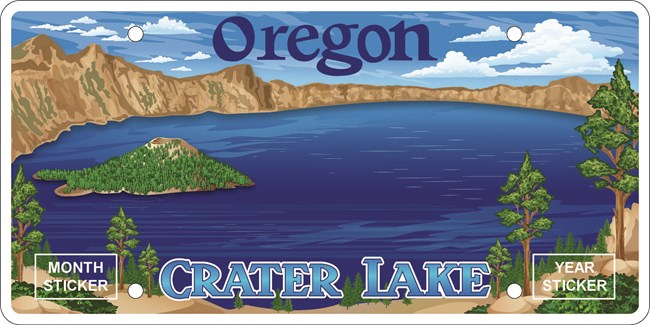 a license plate with Oregon at the top, Crater Lake at the bottom of a stylistic image of Crater Lake in the caldera wih Wizard Island and trees