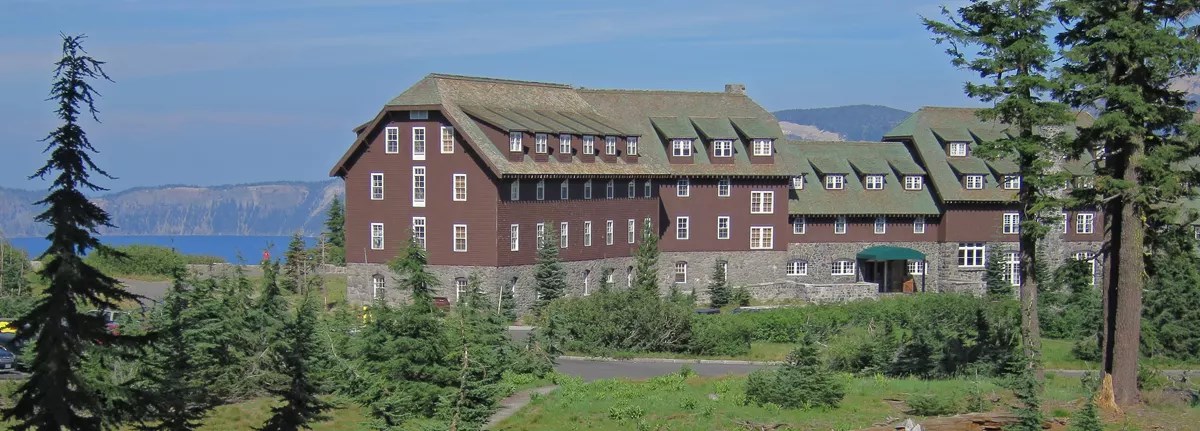 Crater lake Lodge rebuilt of refurbished and similar materials such as native stone, wood shingles, and wood siding