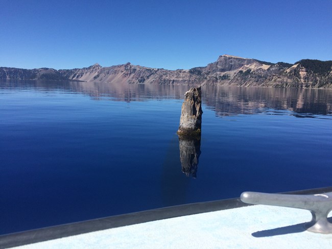 A log, known as the Old Man, floats vertically in Crater Lake