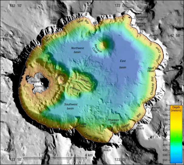 Image of the bathymetry of Crater Lake.