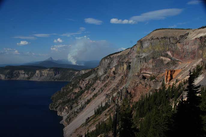 Smoke from the Founders Day Fire with Pumice Castle in the foreground and Mount Thielsen in the backgroud.