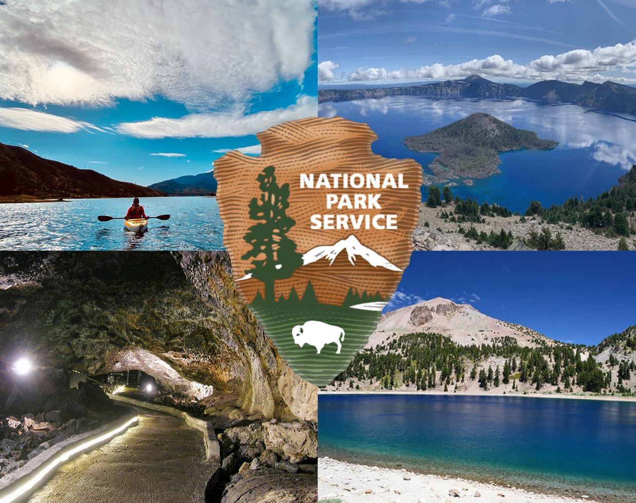 Collage of four photos (one of each park) with brown and green NPS Arrowhead graphic in center.