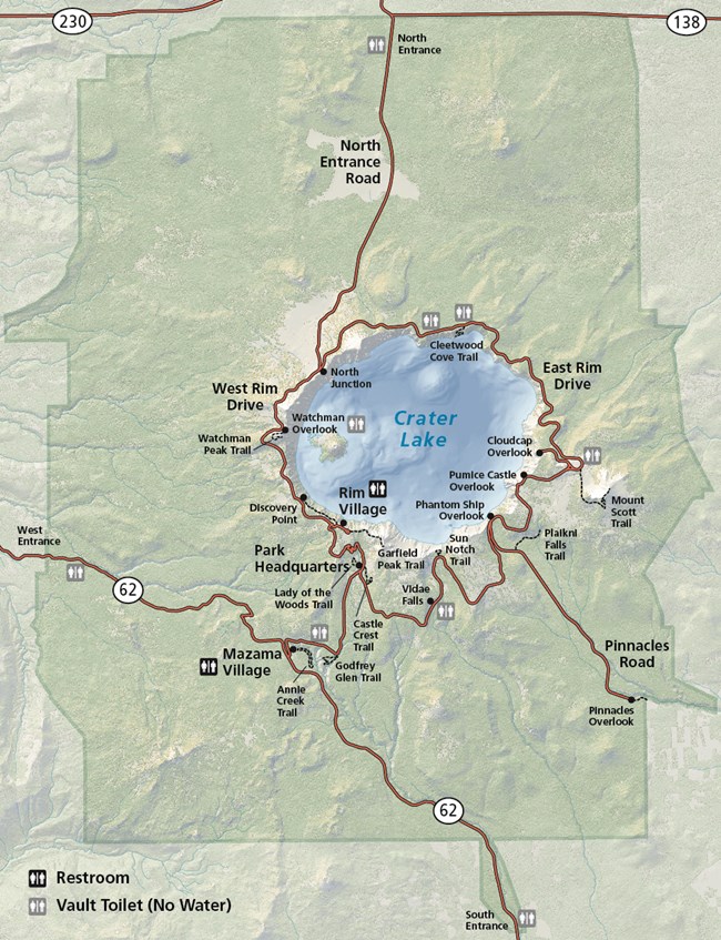 Map of Crater Lake National Park. It is not to scale but shows the lake, roads, some trials, restrooms, and many designated places to stop.