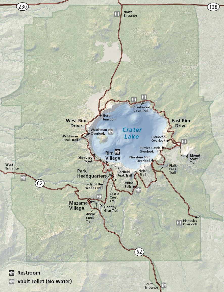 Map of Crater lake National Park with the lake in the center and and red lines showing roads and black dots for significant locations