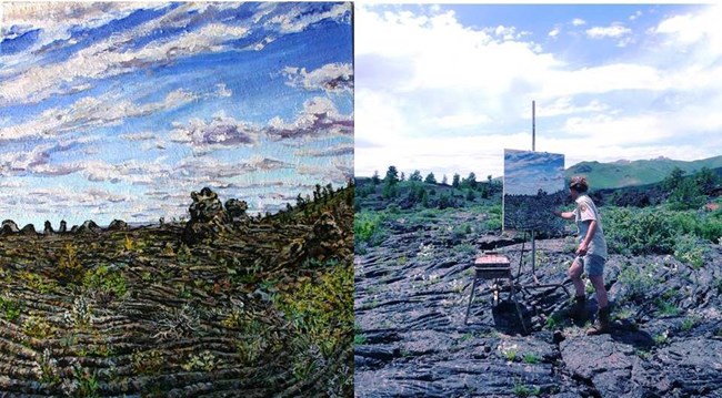 painting of a rolling volcanic landscape and a photo of a person painting
