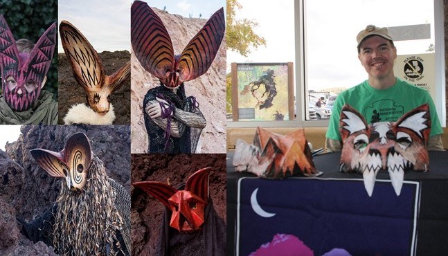 photos of stylized animal masks and a photo of a man in a green shirt