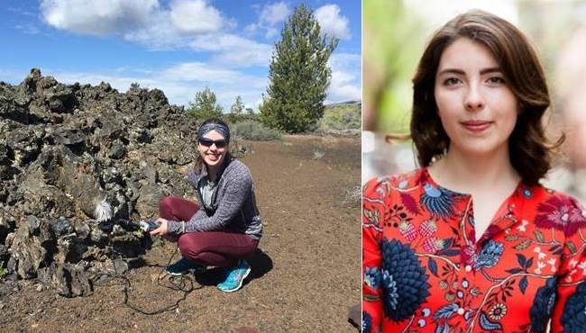 photo of a woman with audio equipment next to black lava rocks and a photo of a woman with brown hair and a red shirt