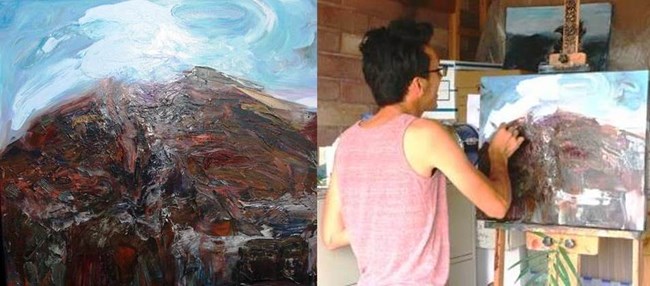 painting of a red volcanic formation and a photo of a man in a pink shirt painting