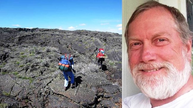a photo of two hikers with backpacks on black lava rocks and a photo of a man with gray hair and a white beard