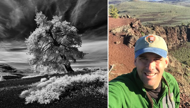 David Hunter at the Moon Limber Pine on Inferno Cone (left) and David Hunter selfie in the field (right)