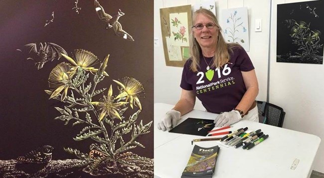 illustration of yellow flowers, birds, and bats and a photo of a woman in a purple shirt with art supplies