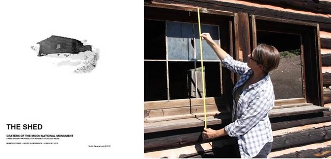 a page with a photo of a log building and the text "the shed: craters of the moon national monument" and a photo of a woman with brown hair measuring the window of an old log building