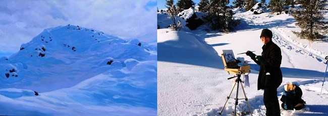 painting of a snow covered rocky landscape and a photo of a woman in black winter clothing painting in the snow