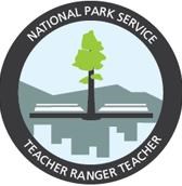 emblem with a tree, mountains, and buildings reading "national park service, teacher ranger teacher"