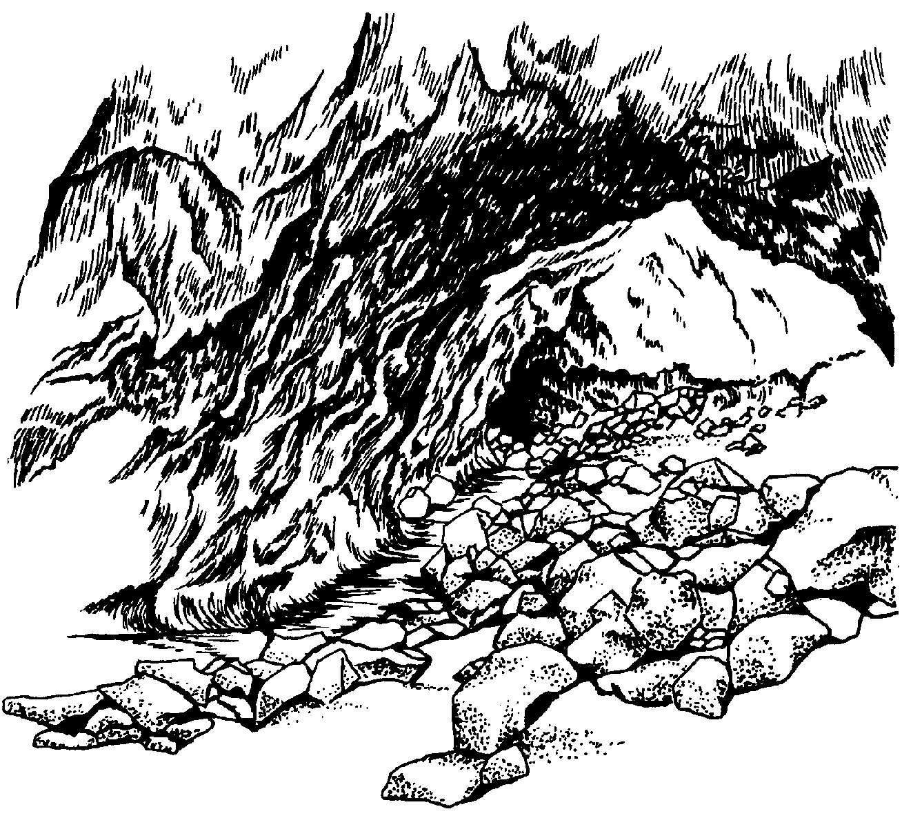 a black and white illustration of a large cave room with piles of large rocks and a small path along the left side