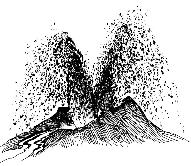 a black and white illustration of an erupting cinder cone volcano