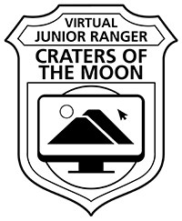 A line illustration of a badge with the words "Virtual Junior Ranger: Craters of the Moon" and an image of a computer screen with volcanoes on it