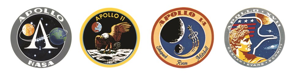 Four round NASA patches in a row: Apollo program, Apollo 11, Apollo 14, Apollo 17, all featuring items like eagles, planets, the moon, and Greek mythological figures.
