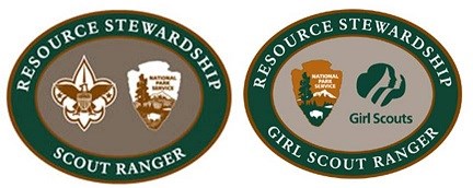 boy scout and girl scout patches with the text "resource stewardship"
