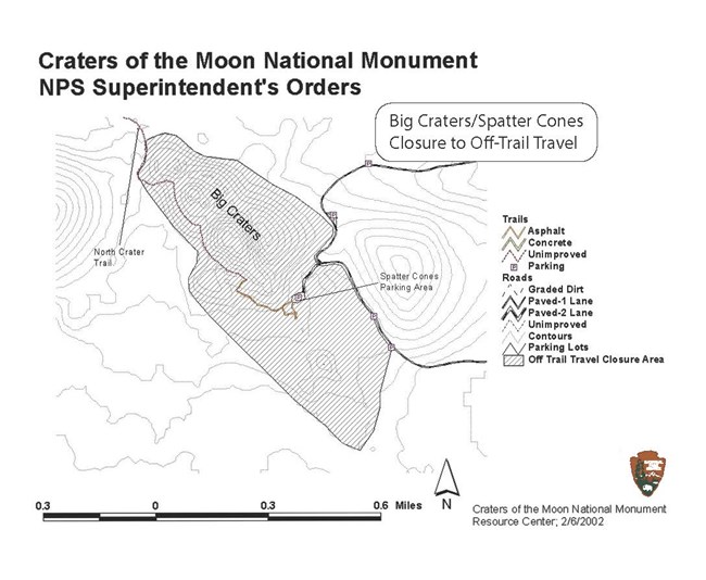 Map with topographic lines displaying Big Craters, Spatter Cones, Spatter Cones Parking Area, and trails and roads in the area.