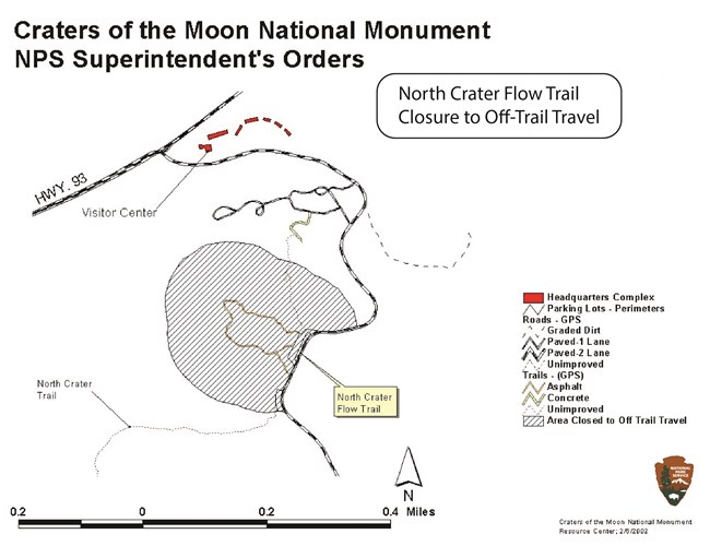 Map depicting the North Crater Flow Trail area with surrounding roads and trails.