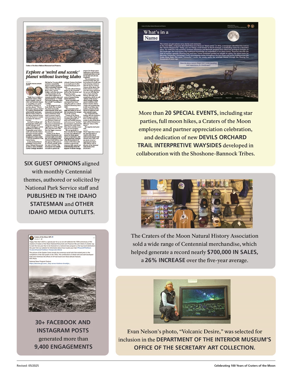 Infographic displaying stats and highlights from Craters of the Moon Centennial.