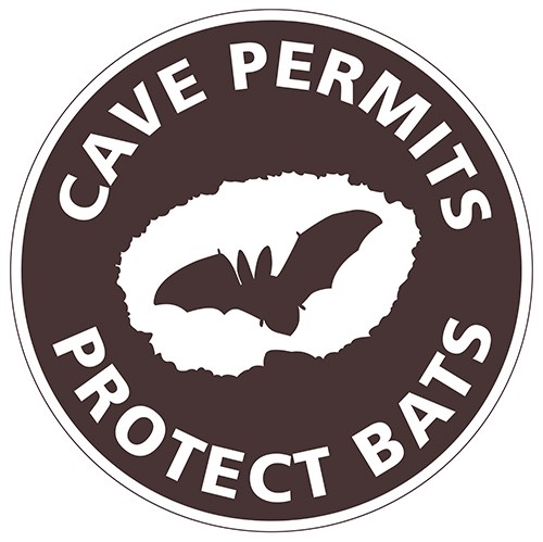 brown logo with a silhouette of a bat in a cave and the text "cave permits protect bats"