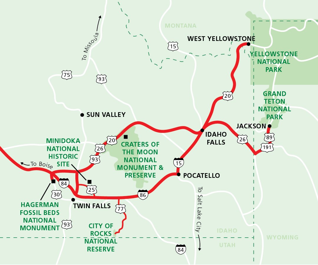 A map shows routes between Craters of the Moon, Hagerman Fossil Beds, Minidoka, Yellowstone, and Grand Teton.