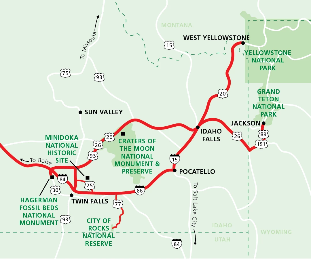 Map of national park units in or near southern Idaho. A map shows routes between Craters of the Moon, Hagerman Fossil Beds, Minidoka, Yellowstone, and Grand Teton.