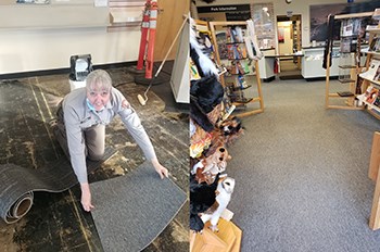 A NPS employee replaces the carpet in the visitor center