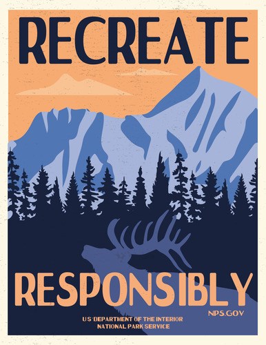 mountains and text that says recreate responsibly