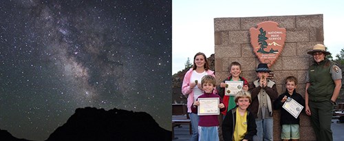 The image on the right show the amazing night skies at Craters and the image on the left is of a park ranger and children