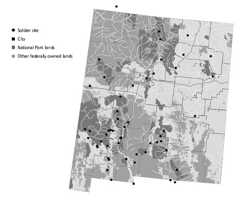 Figure 2: New Mexico map showing sites associated with Buffalo Soldiers.