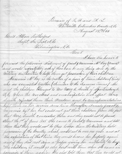 Figure 2: Letter from the Freedman's Bureau about the McCoy conjoined twins.