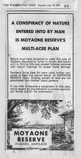 Figure 1: 1959 advertisement for Moyaone Reserve, with the headline, "A conspiracy of nature entered into by man is Moyaone Reserve's multi-acre plan."