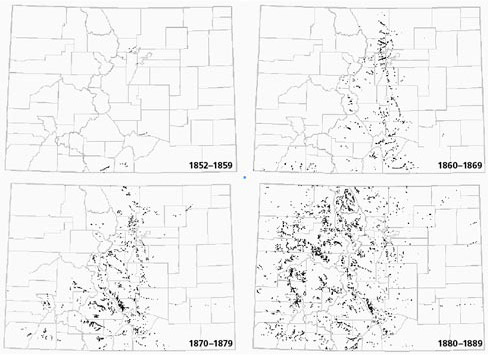 Figure 3: 4 Colorado maps showing ditch headgates by county and year (1852-1889).