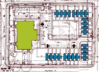 Compatible New Construction. New townhouses (blue) proposed to be built around the perimeter of the playing field of the historic school grounds, do not negatively impact the historic character of the resource. The school building (green) is located in a residential neighborhood that consists of one- and two-story houses. The townhouses front on the surrounding streets and back onto the former playing field. The new construction is located behind the school and it will not impact the historic character of the school or its site. The new townhouses are lower in height than the historic school and the massing has been deliberately broken up so that it is more in keeping with the density of the surrounding neighborhood. (The parking next to the school already existed and is not part of the rehabilitation proposal.) Drawing: NPS files