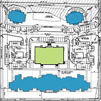 Incompatible New Construction. The historic school building (green) sits approximately in the center of the property. As part of the rehabilitation for residential use one large new building (shown) was proposed behind the school and two smaller buildings (shown) were proposed in front of the school on either side of it. The two smaller buildings in front alter the park-like setting of the historic school building which is important in defining the character of the property. They negatively impact the primary elevation of the historic school building that is  highly visible from a main thoroughfare. Drawing: NPS files