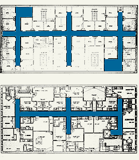 <two drawing series> Compatible Treatment of Corridor Layout.  Generally, repetitive corridors--typically found in historic multi-story buildings--are character-defining, especially where considerable historic fabric has survived, such as doors, transoms, trim and wainscoting (shown). Depending upon the specific character of the interior, it may be possible to truncate a portion of a corridor in secondary areas to provide more flexible floor plans (shown). Drawings: NPS files