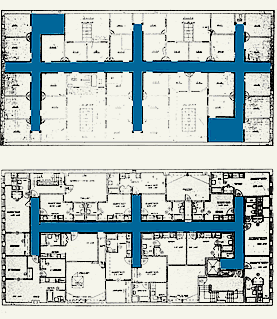 <two drawing series> Compatible Treatment of Corridor Layout. Generally, repetitive corridors--typically found in historic multi-story buildings--are character-defining, especially where considerable historic fabric has survived, such as doors, transoms, trim and wainscoting (shown). Depending upon the specific character of the interior, it may be possible to truncate a portion of a corridor in secondary areas to provide more flexible floor plans (shown). Drawings: NPS files