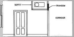 <two image series> Compatible Treatment of Mechanical Systems. In most instances it is preferable to locate HVAC systems behind corridor walls in secondary spaces, whenever possible. HVAC systems may be hidden in soffits (shown) or in a dropped ceiling in a limited area above a kitchen or bathroom and away from windows (shown) to maintain the character of the more public corridor area. Drawing/Photo: NPS files