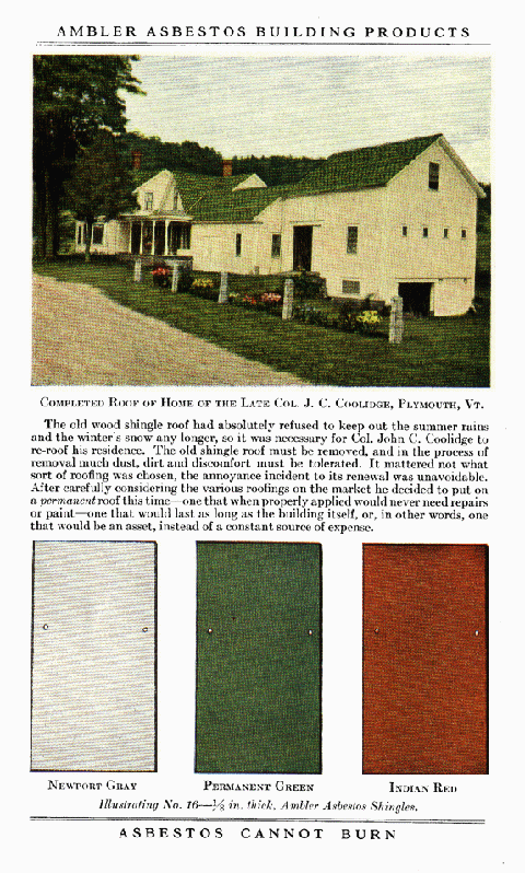 [Photo] A 1936 photograph showing the application of Dutch Lap roofing using a metal clincher to anchor exposed corners (Johns-Manville promotional catalogue).